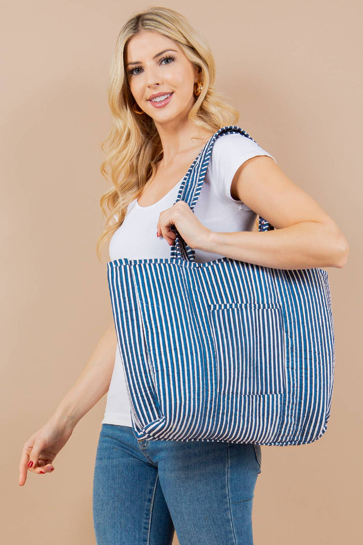 Blue Floral Quilted Tote Bag