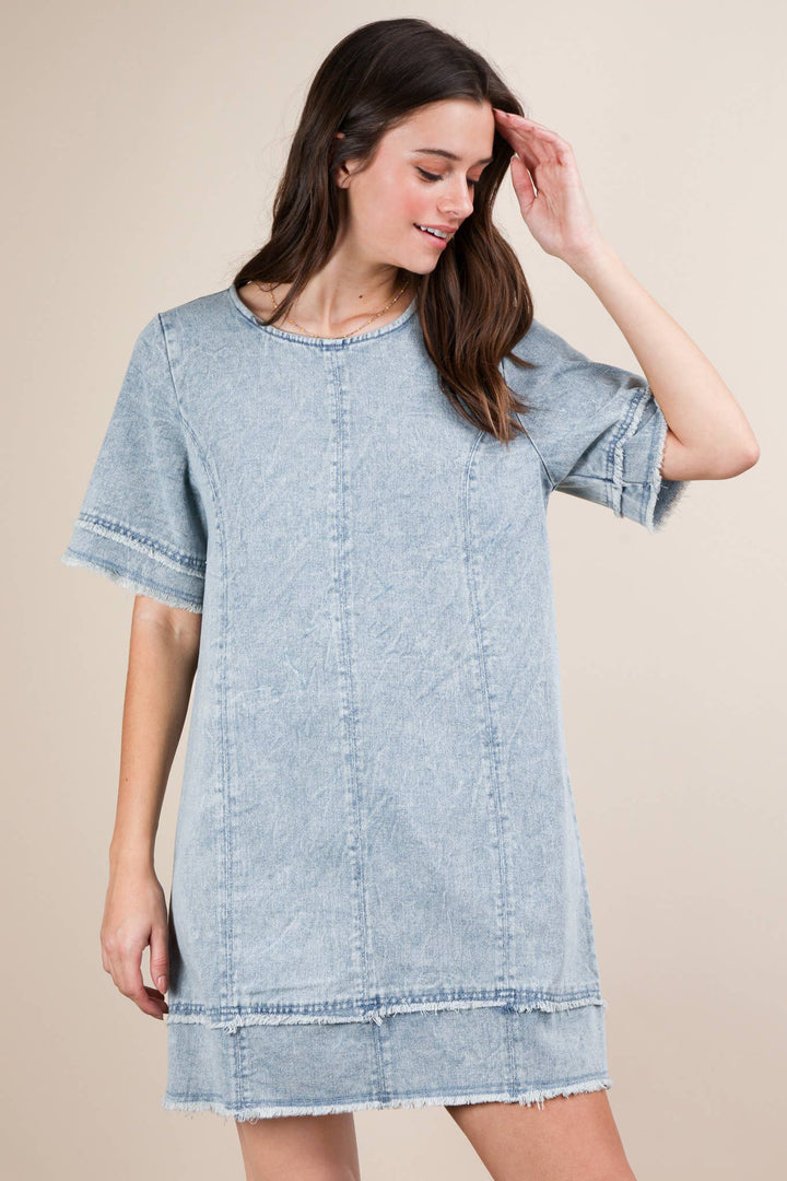 ND31576-Washed Denim Shift Mini Dress