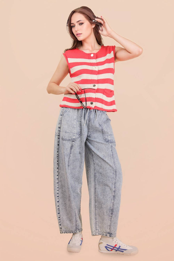 VJ Green Stripe Button Down Knit Sweater Top