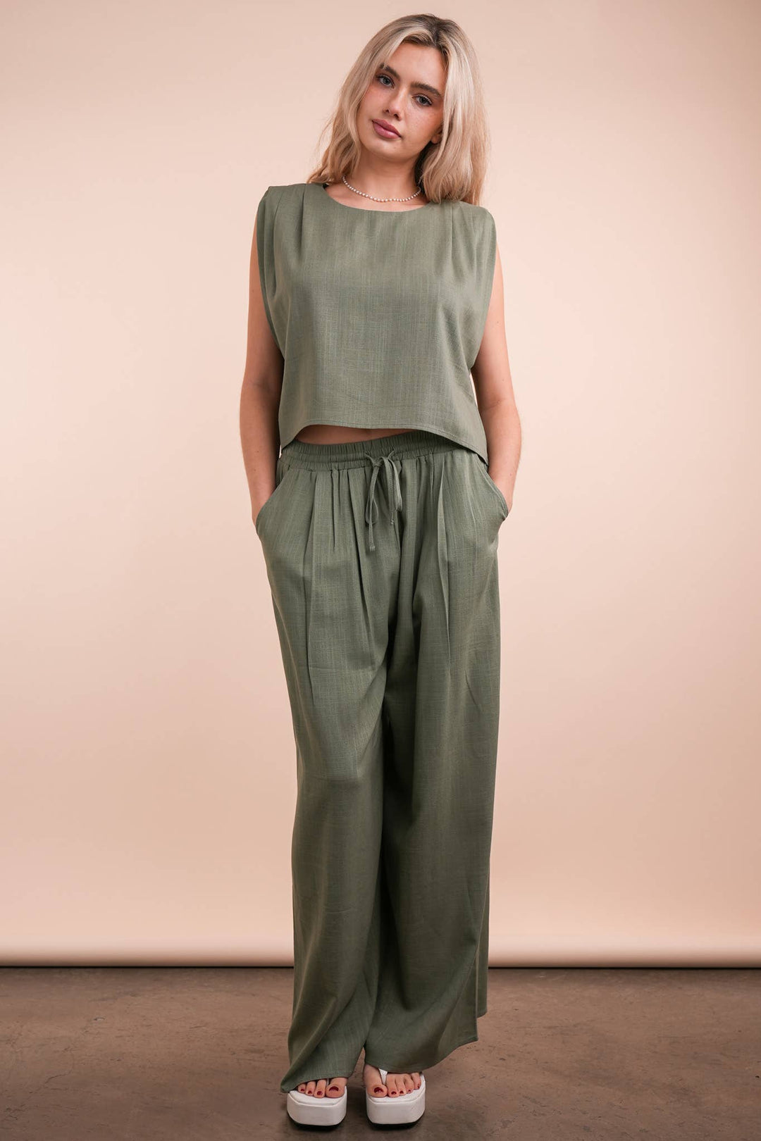 NT12090SET-Solid Woven Top & Pants Set