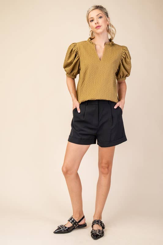 Ruffle V-Neck Puff Sleeve Top