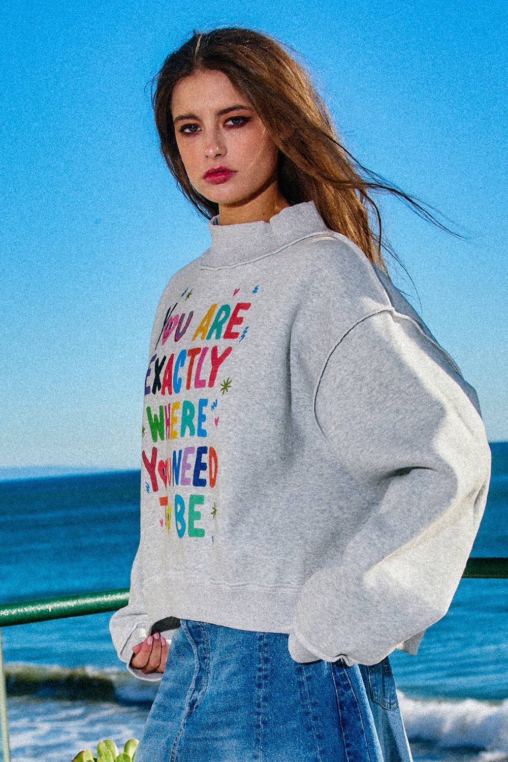 Reversible Graphic Mock-Neck Crop Sweatshirt
