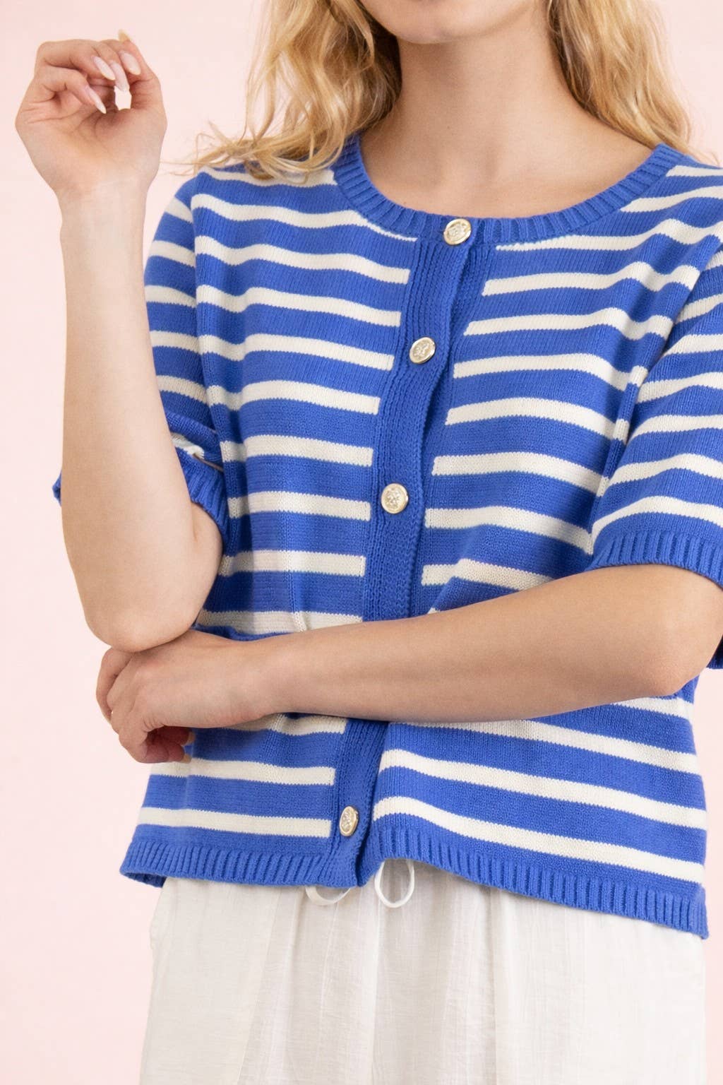 Stripe Button Down Knit Sweater Top Kelly Green
