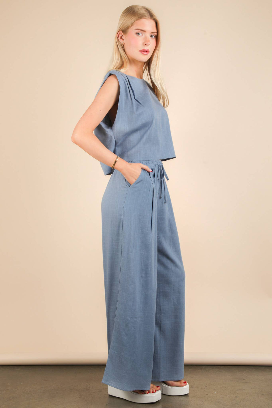 NT12090SET-Solid Woven Top & Pants Set