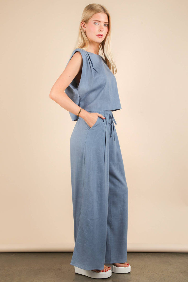 NT12090SET-Solid Woven Top & Pants Set