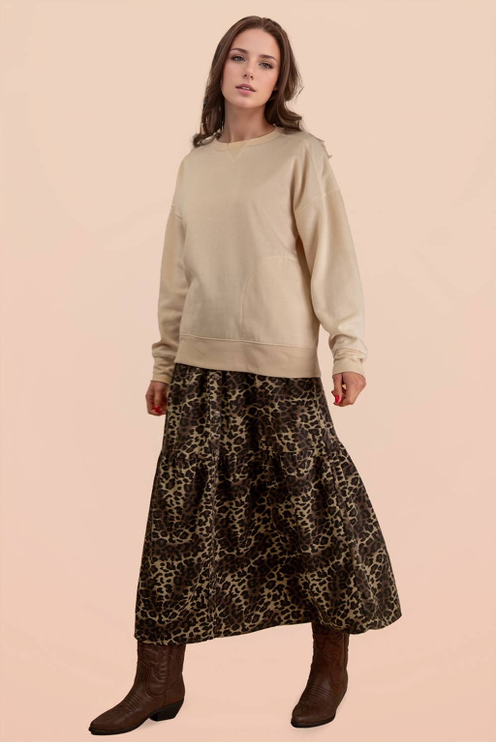 Button Down Leopard Printed Midi Skirt