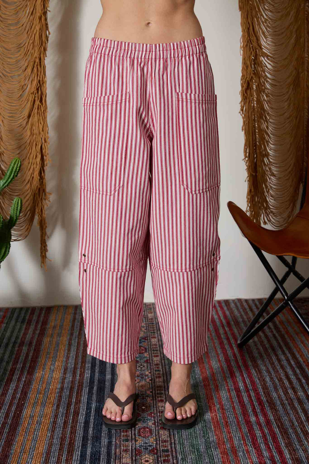 STRIPE POCKET DETAIL WIDE LEG PANTS Berry