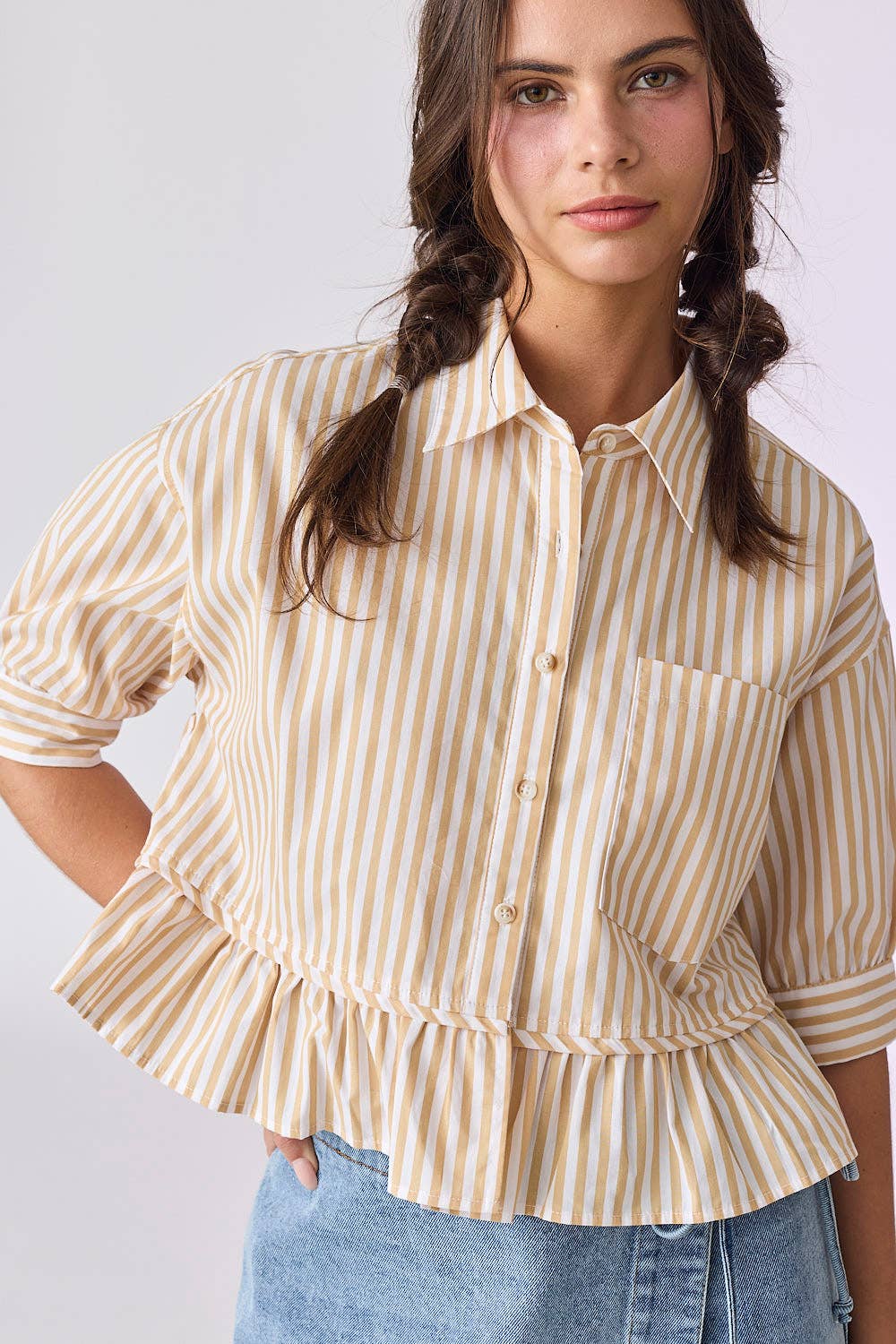 PT18030 - Violet 3/4" Sleeve Peplum Button Down Top