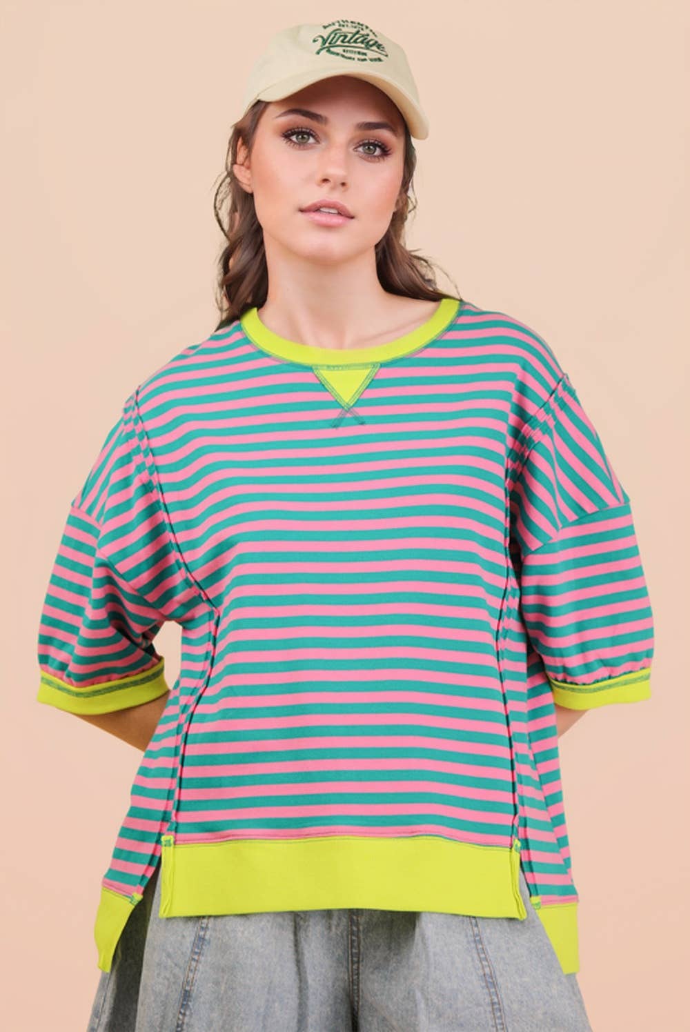 Oversized Stripe Casual Knit Top: LAVENDER/LEMON