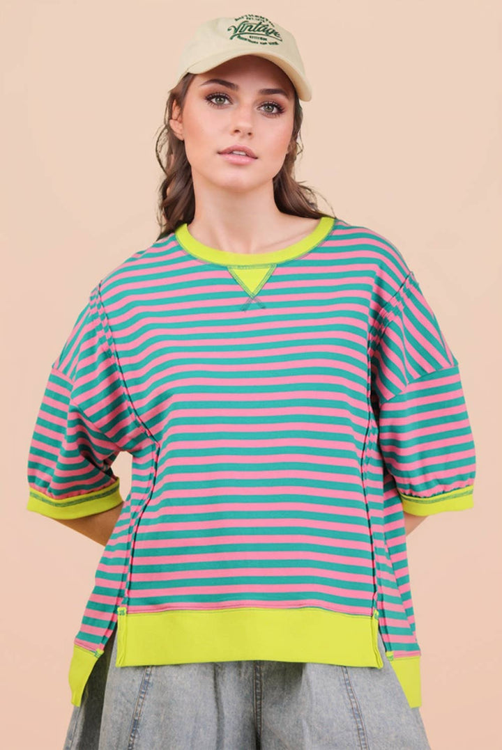 Oversized Stripe Casual Knit Top: LAVENDER/LEMON