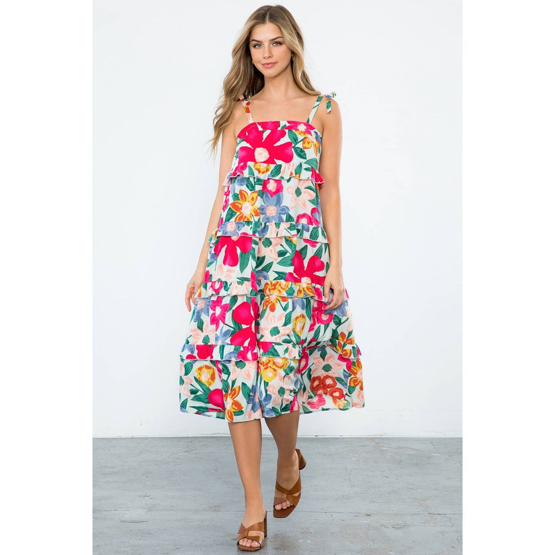 Mint Floral Midi Dress with Ruffle Tiers and Straps