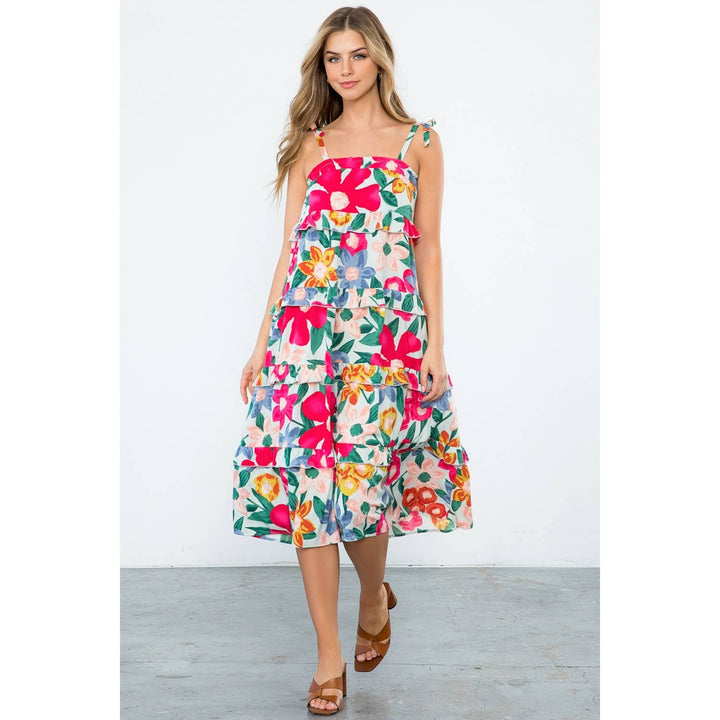 Mint Floral Midi Dress with Ruffle Tiers and Straps