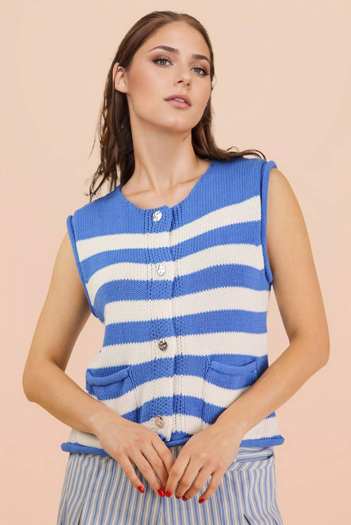 VJ Green Stripe Button Down Knit Sweater Top