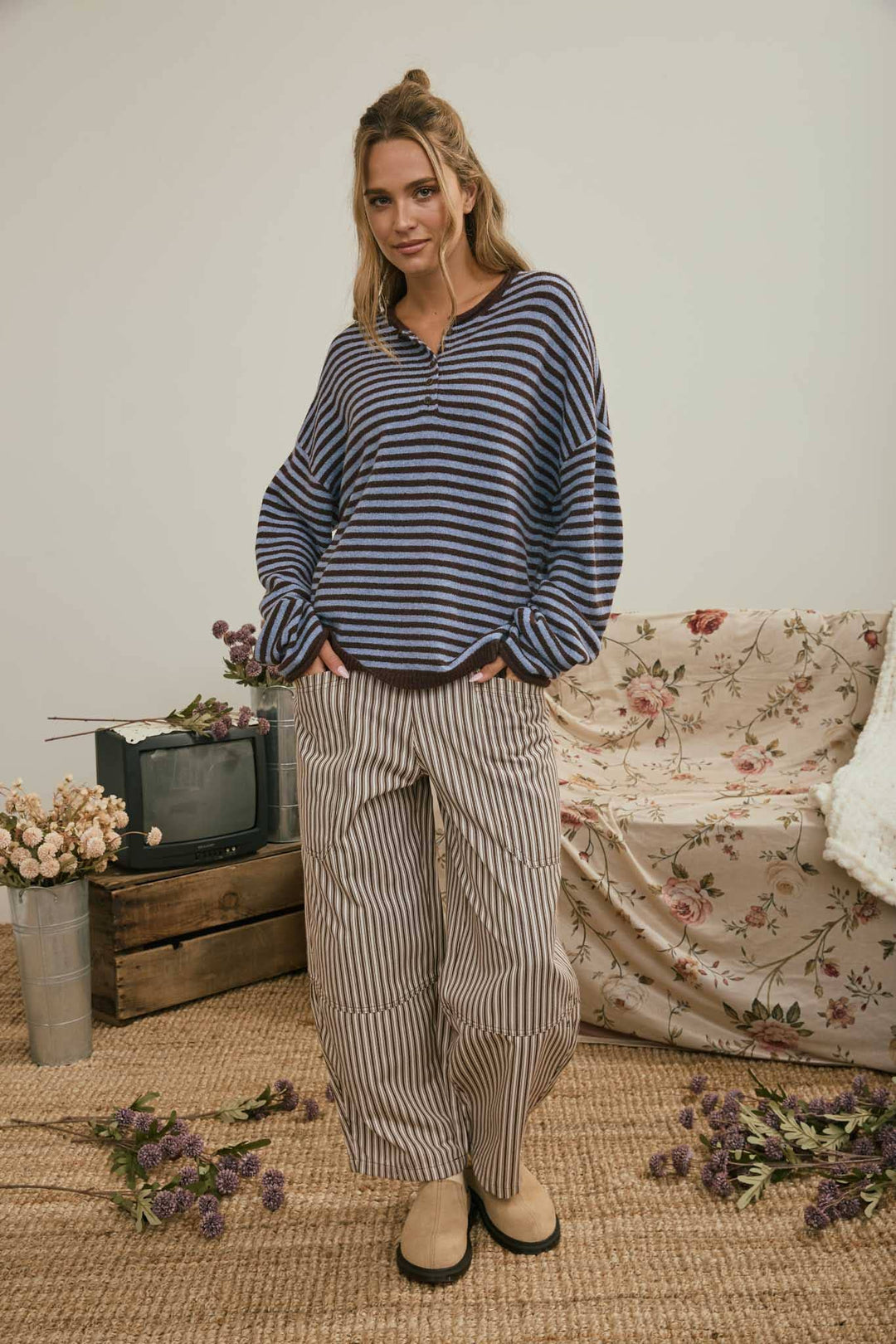 STRIPE POCKET DETAIL WIDE LEG PANTS Berry