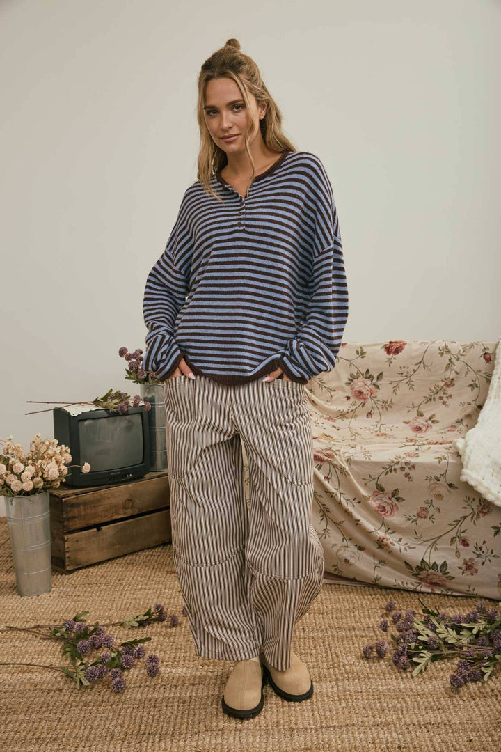 STRIPE POCKET DETAIL WIDE LEG PANTS Berry