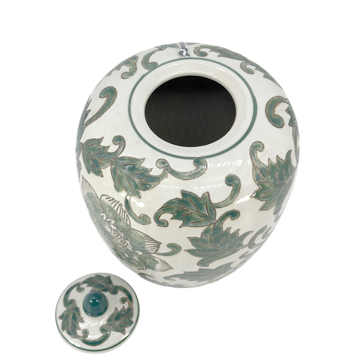 Green & White Floral Ceramic Chinoiserie Ginger Jar 11"