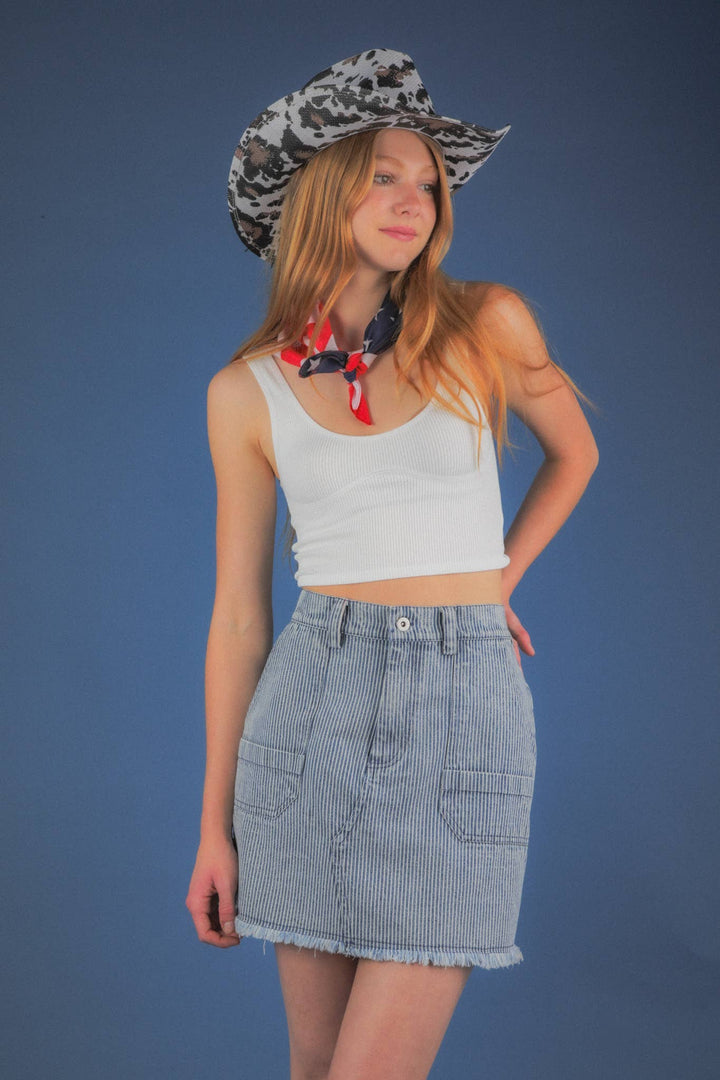NS50140-Mineral Washed Denim Striped Casual Mini Skirt