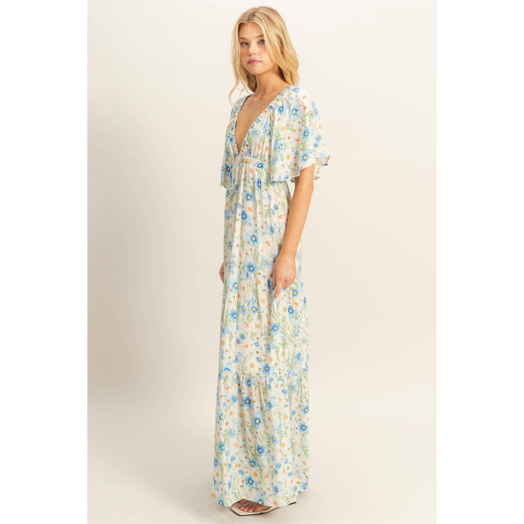Floral V-Neck Flowy Tiered Maxi Dress