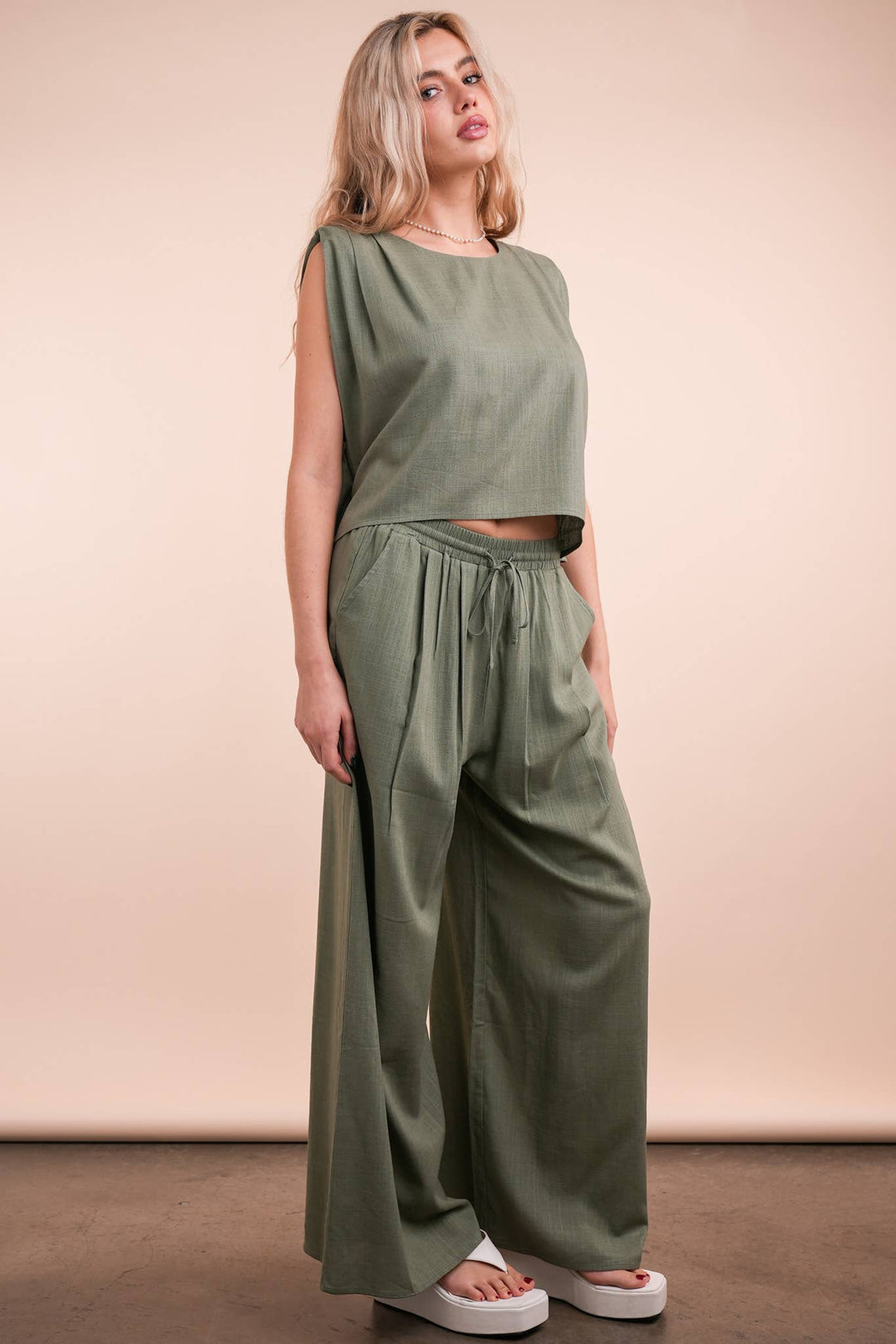 NT12090SET-Solid Woven Top & Pants Set