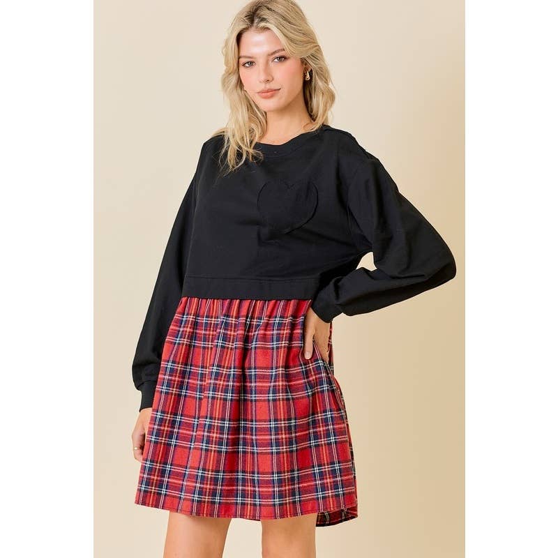 FRENCH TERRY PLAID MINI DRESS