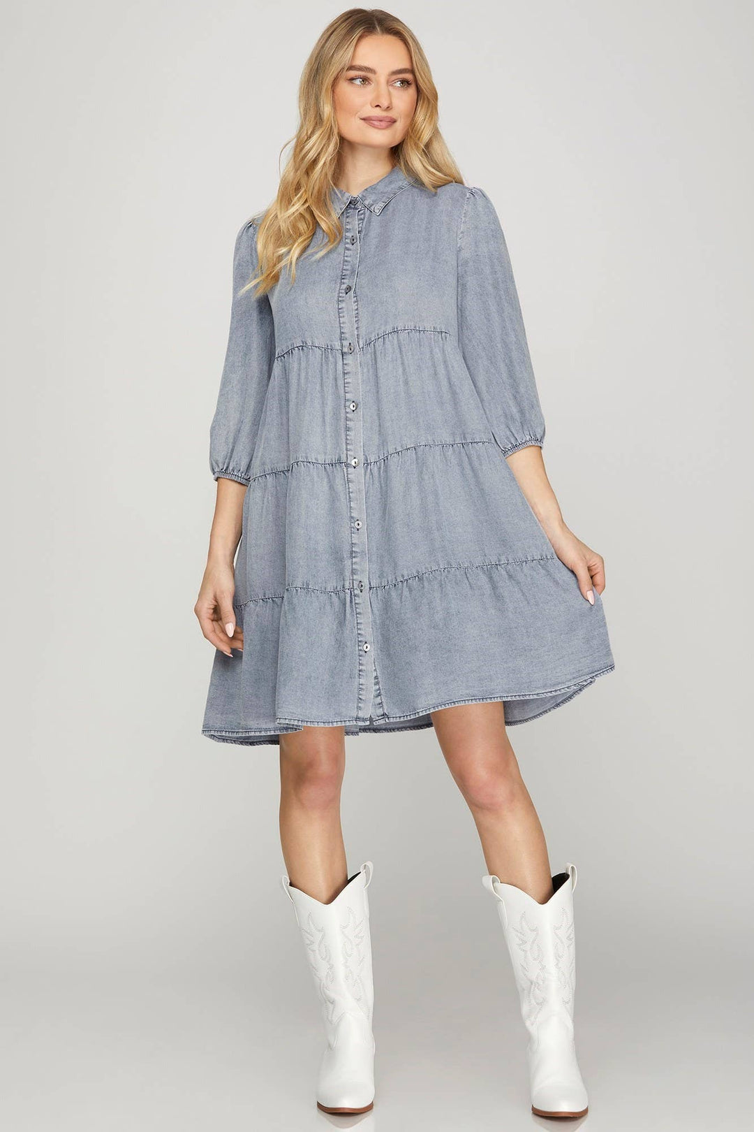 PL6065 - CHAMBRAY TIERED BUTTON DOWN DRESS