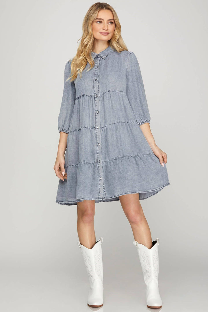 PL6065 - CHAMBRAY TIERED BUTTON DOWN DRESS