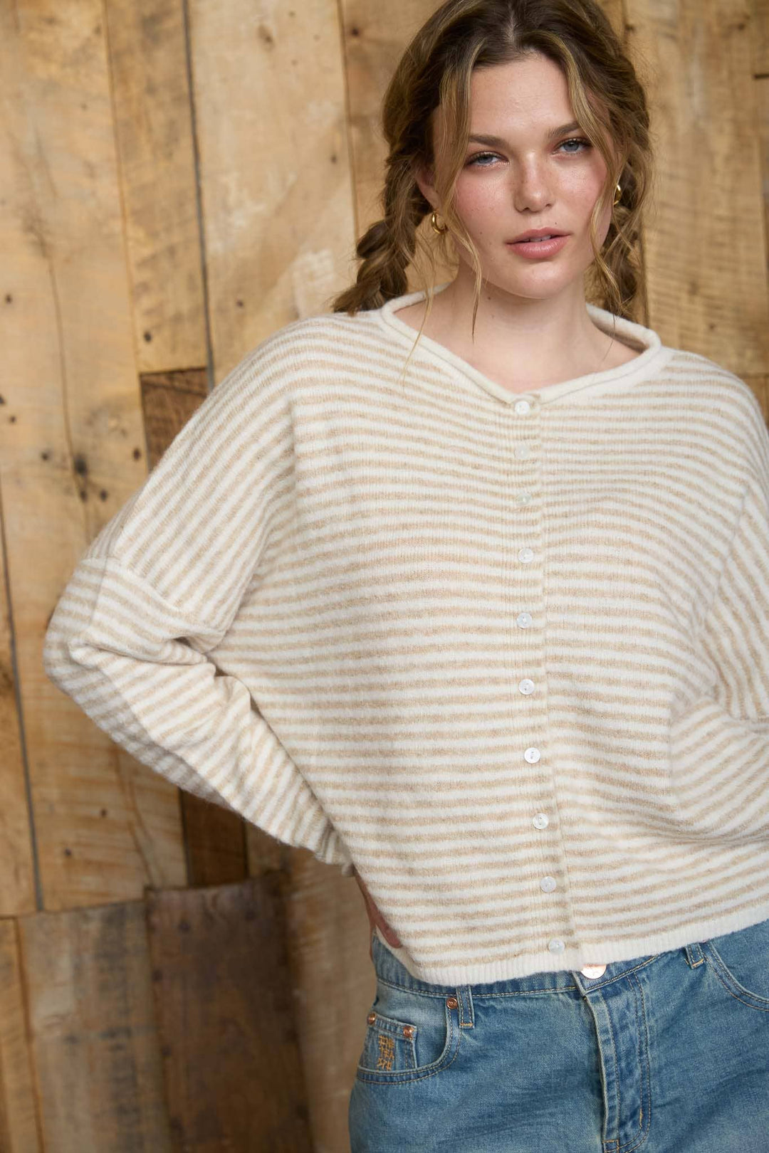STRIPE RAW EDGE DROP SHOULDER KNIT CARDIGAN