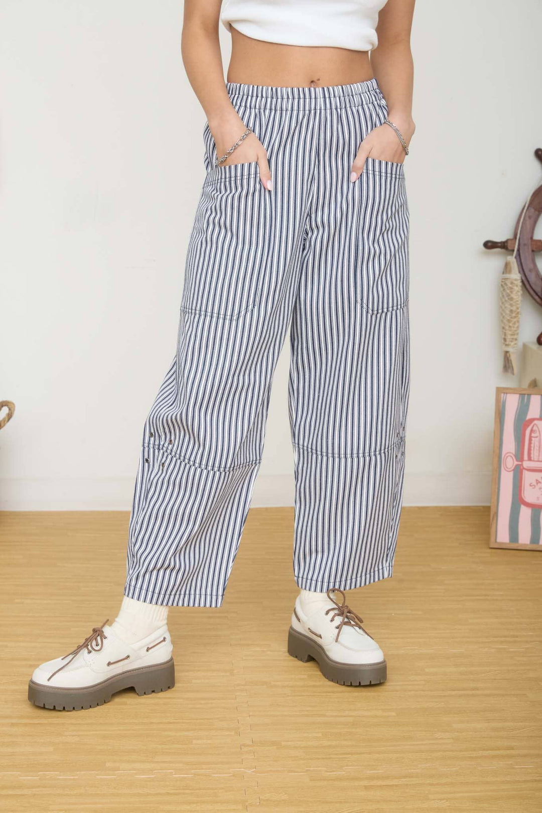 STRIPE POCKET DETAIL WIDE LEG PANTS Berry