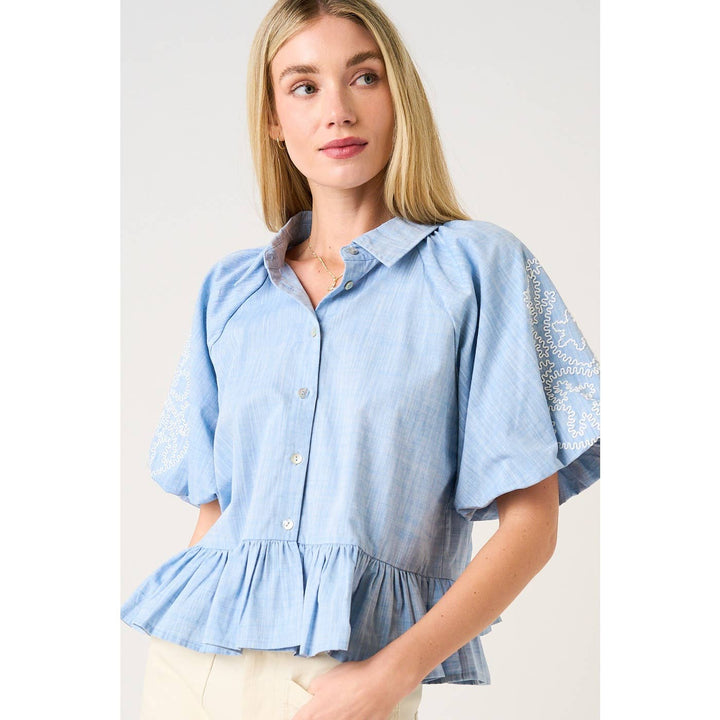EMBROIDERY BUBBLE SLEEVE PEPLUM BUTTON DOWN SHIRT
