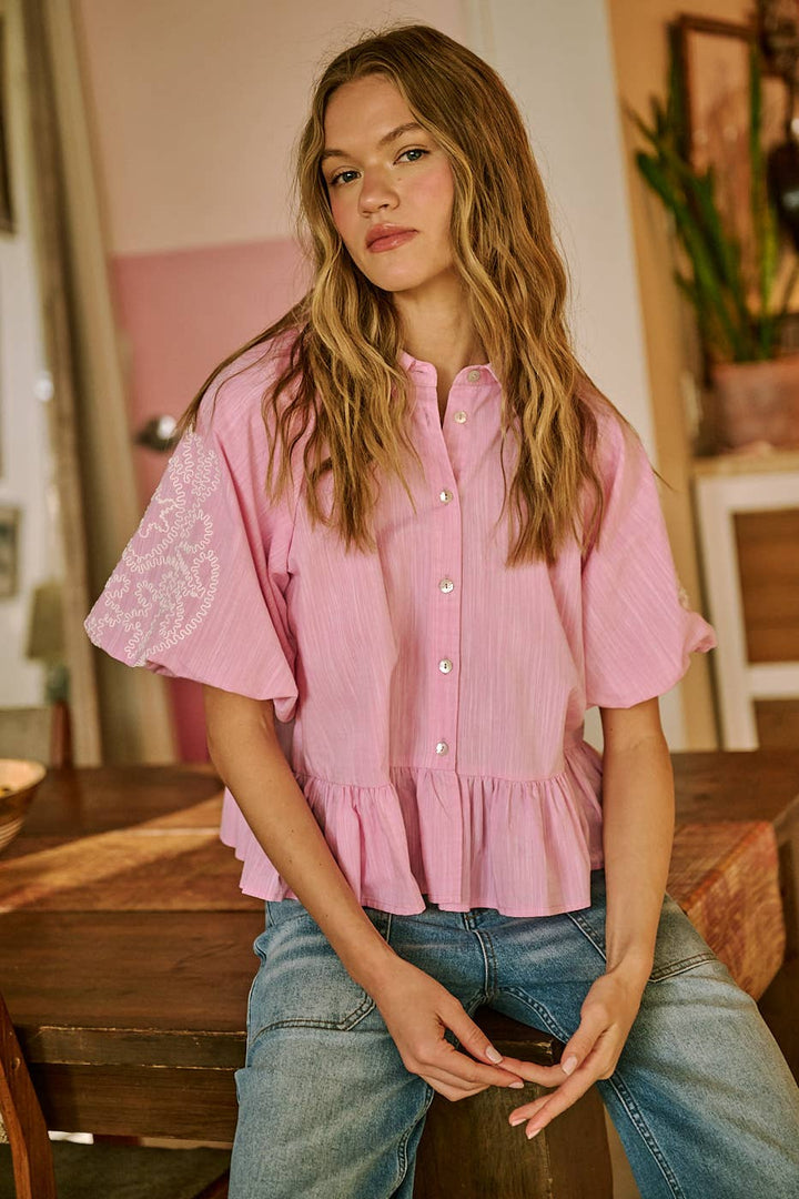 EMBROIDERY BUBBLE SLEEVE PEPLUM BUTTON DOWN SHIRT