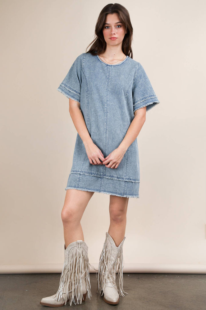 ND31576-Washed Denim Shift Mini Dress