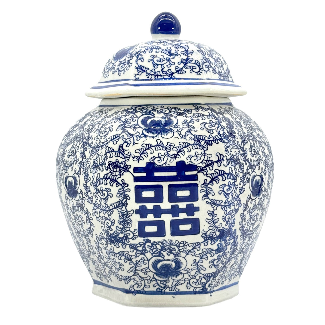 Blue & White Chinoiserie Porcelain Jar 12" Happiness