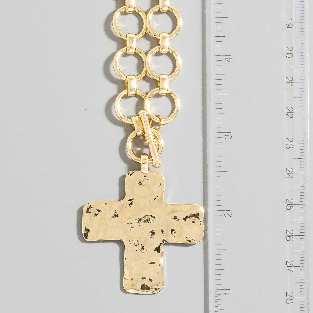 Hammered Cross Pendant Toggle Chain Necklace