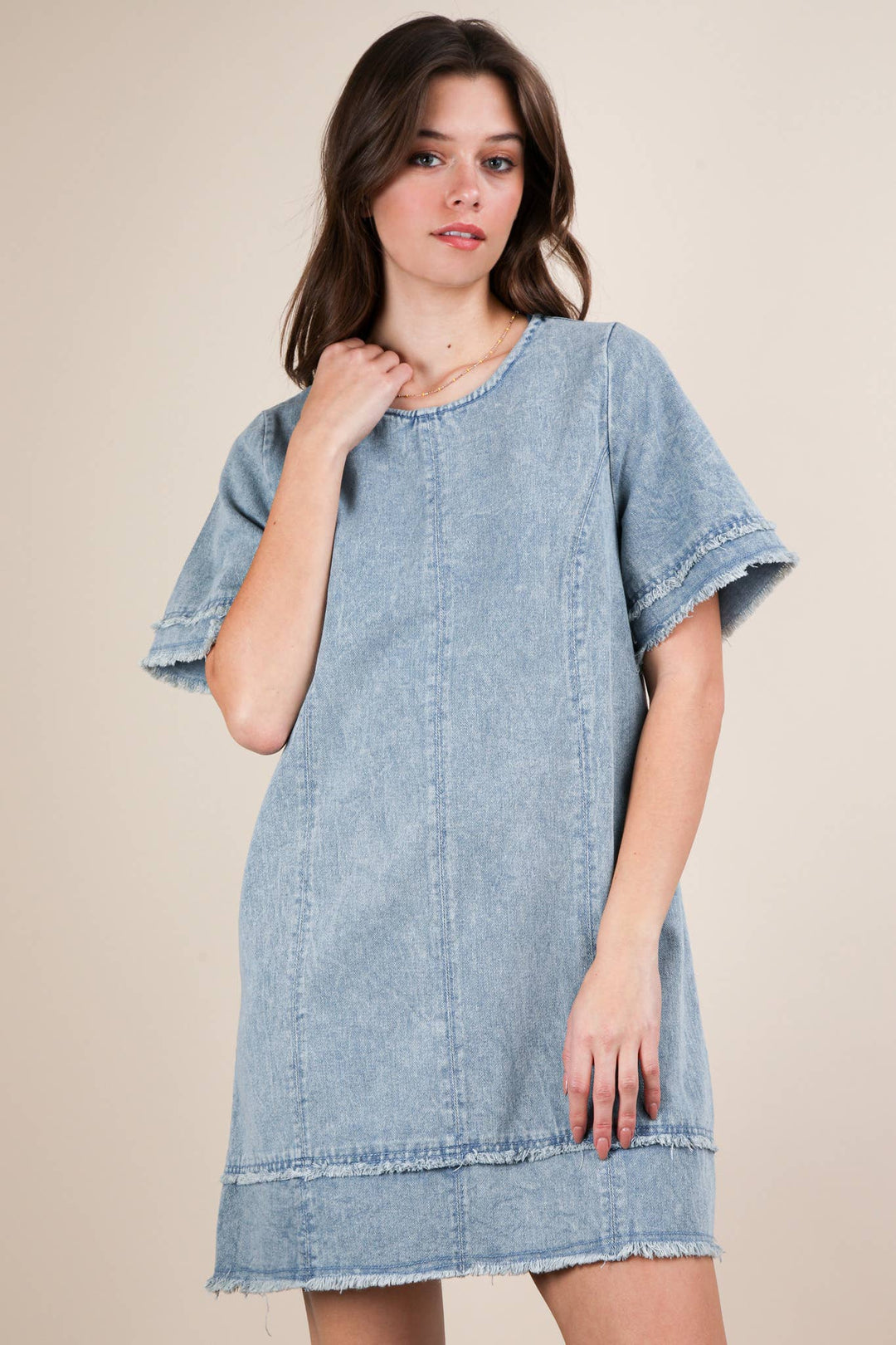 ND31576-Washed Denim Shift Mini Dress