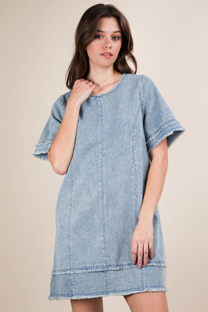 ND31576-Washed Denim Shift Mini Dress