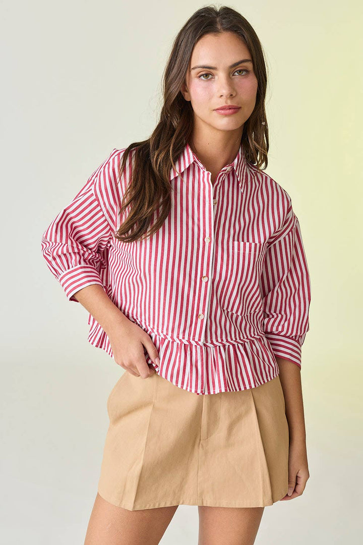 PT18030 - Violet 3/4" Sleeve Peplum Button Down Top