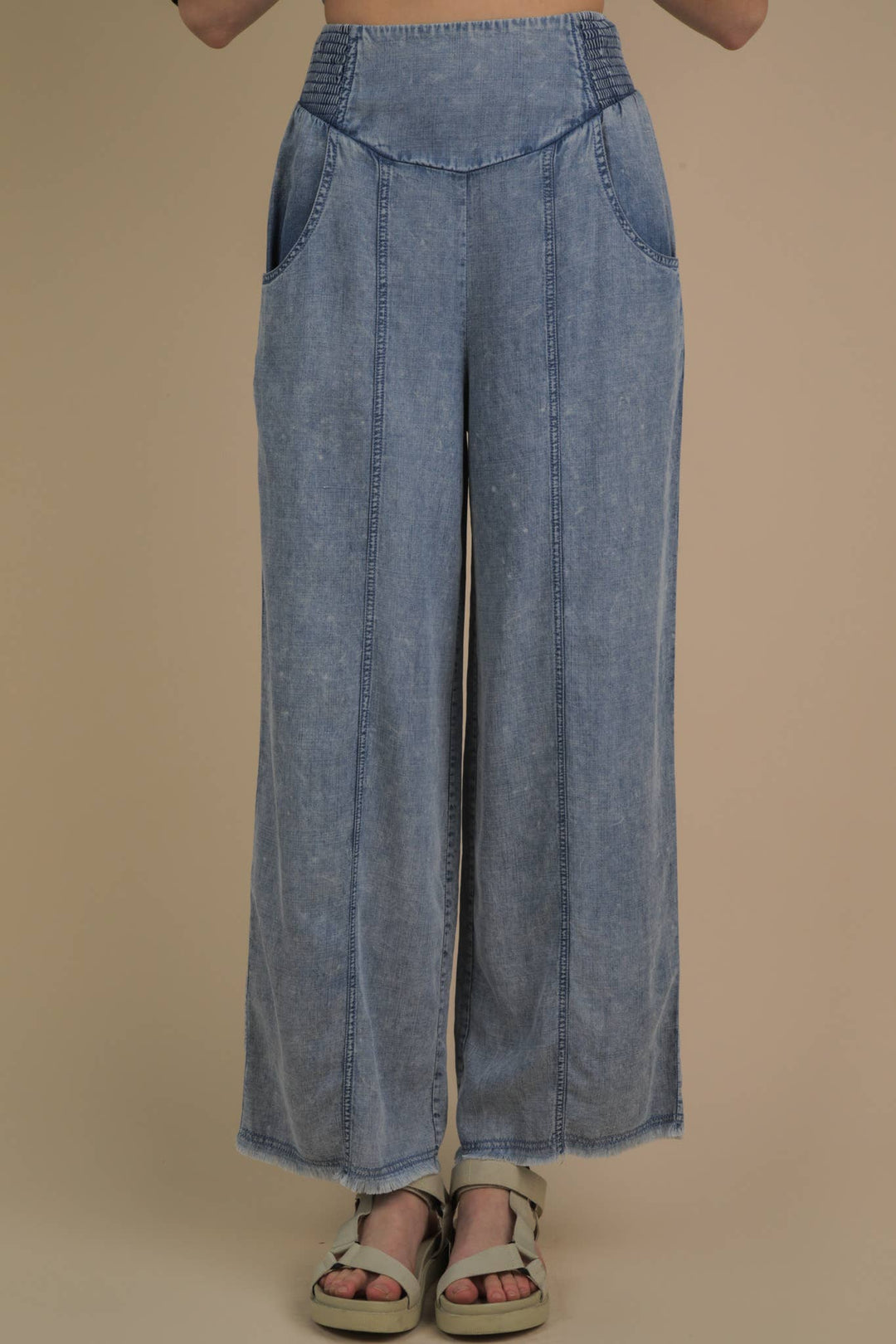 NP70568-Smocking Waist Washed Chambray Wide Pants
