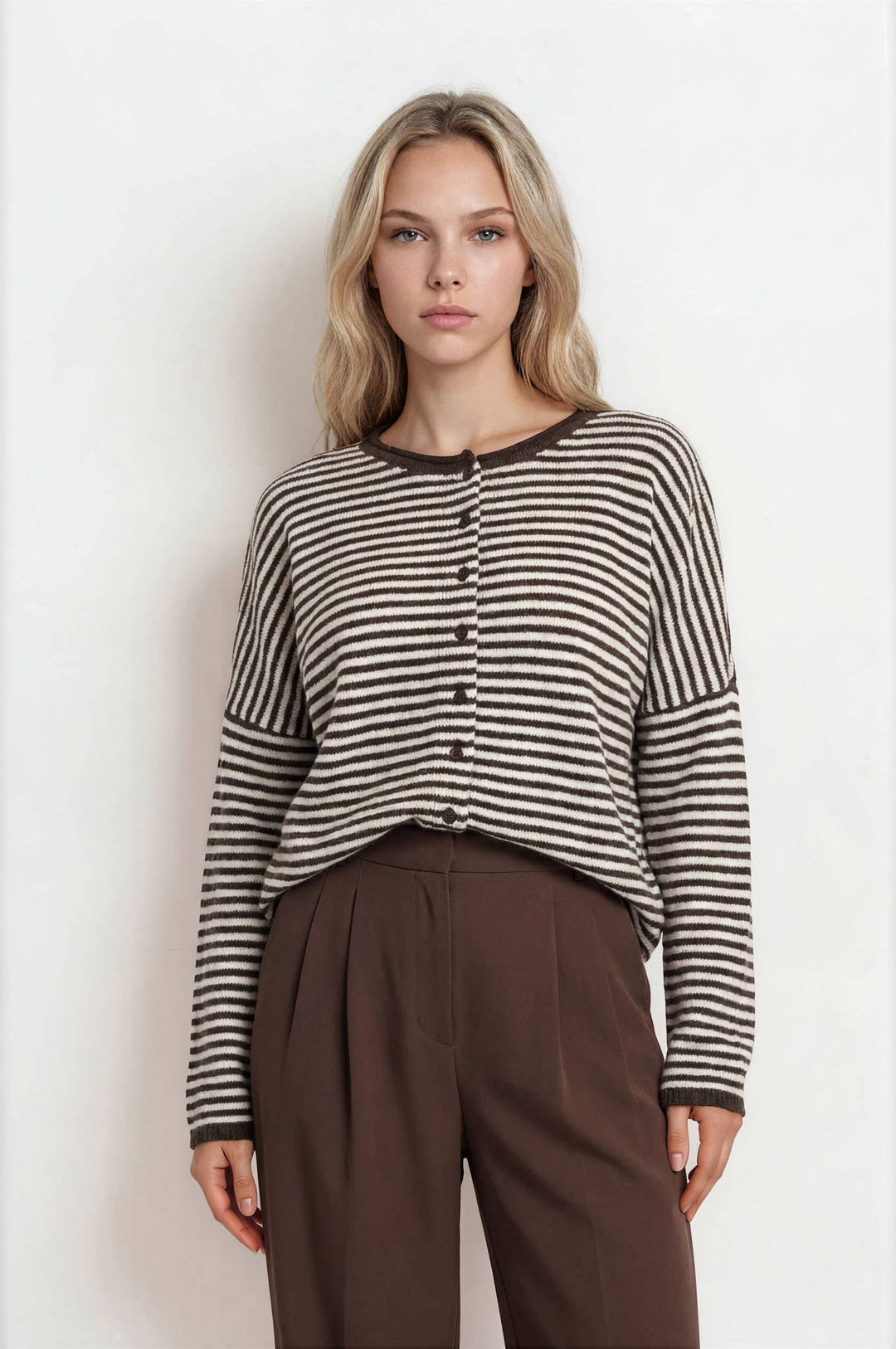 STRIPE RAW EDGE DROP SHOULDER KNIT CARDIGAN