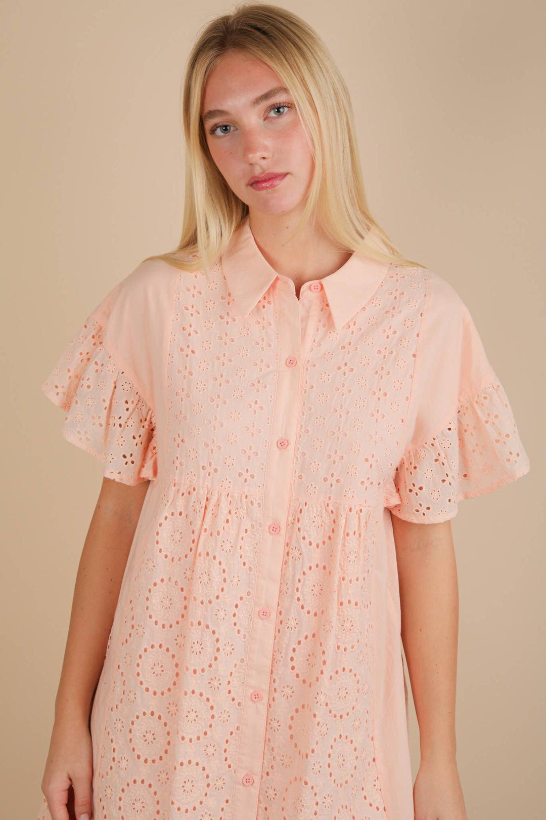 ND31658-Mixed Cotton Eyelet Lace Ruffled Mini Shirt Dress