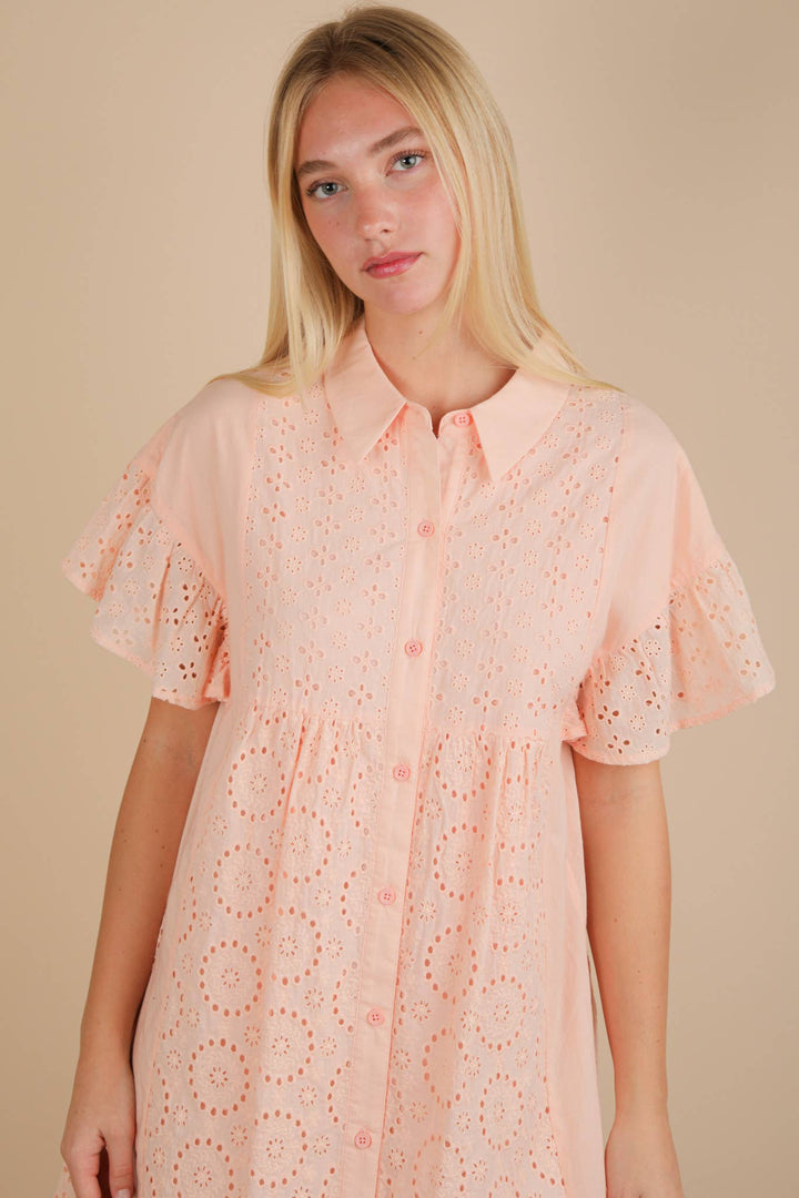 ND31658-Mixed Cotton Eyelet Lace Ruffled Mini Shirt Dress