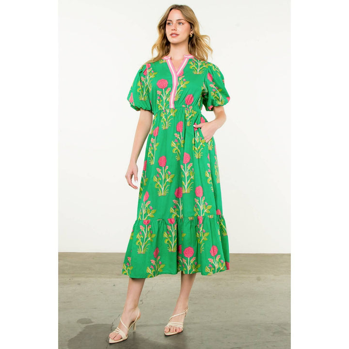 Puff Sleeve Flower Print Maxi Dress