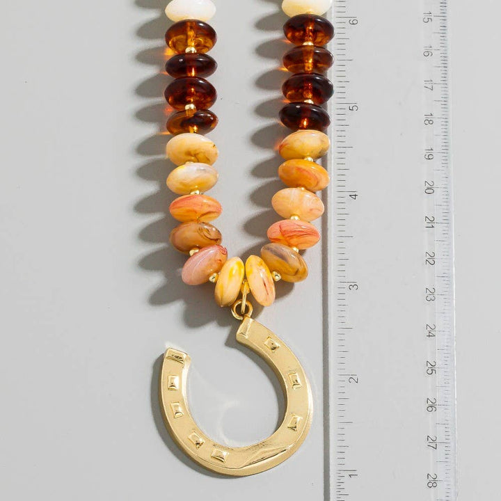 Gold Horse Shoe Pendant Marble Resin Disc Beaded Necklace