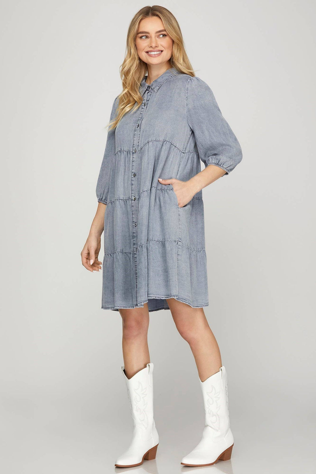 PL6065 - CHAMBRAY TIERED BUTTON DOWN DRESS