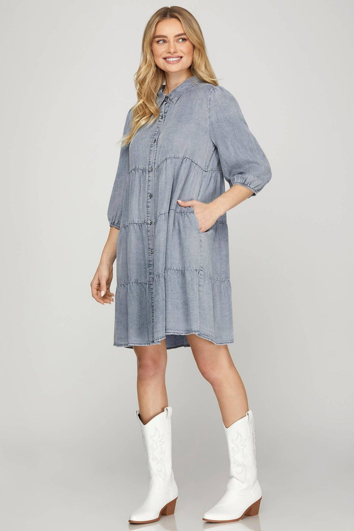 PL6065 - CHAMBRAY TIERED BUTTON DOWN DRESS