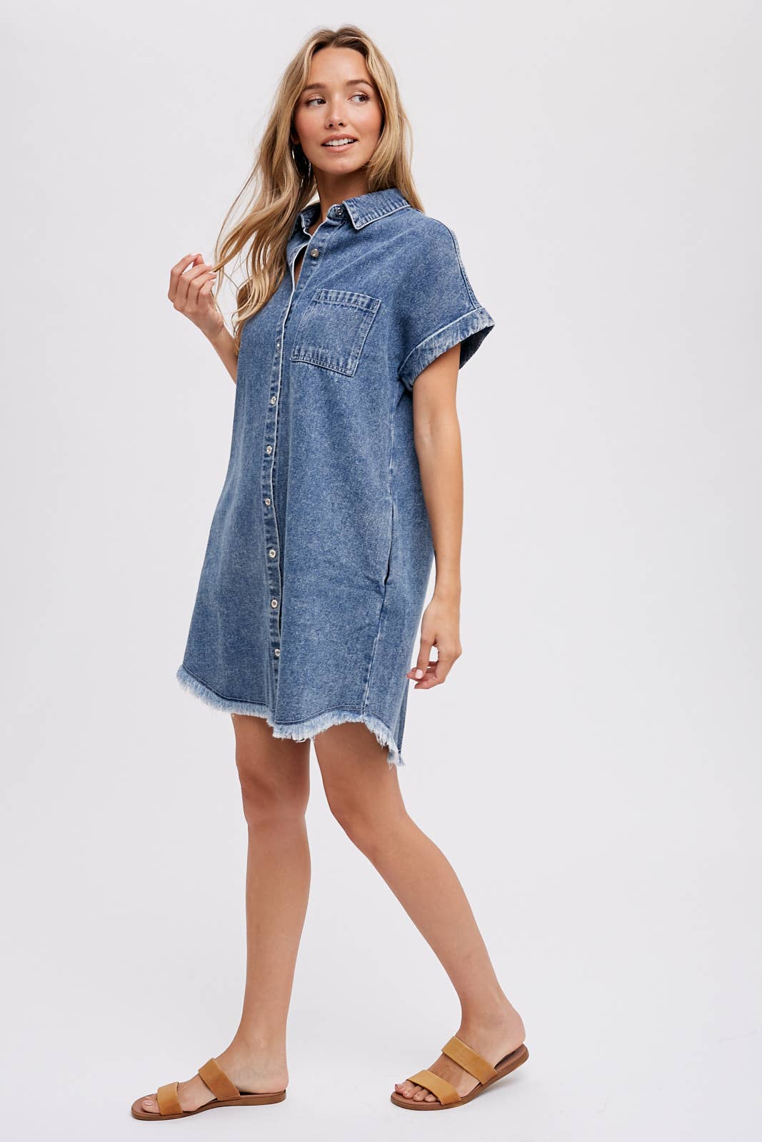 FRAYED HEM WASHED DENIM SHIRT DRESS