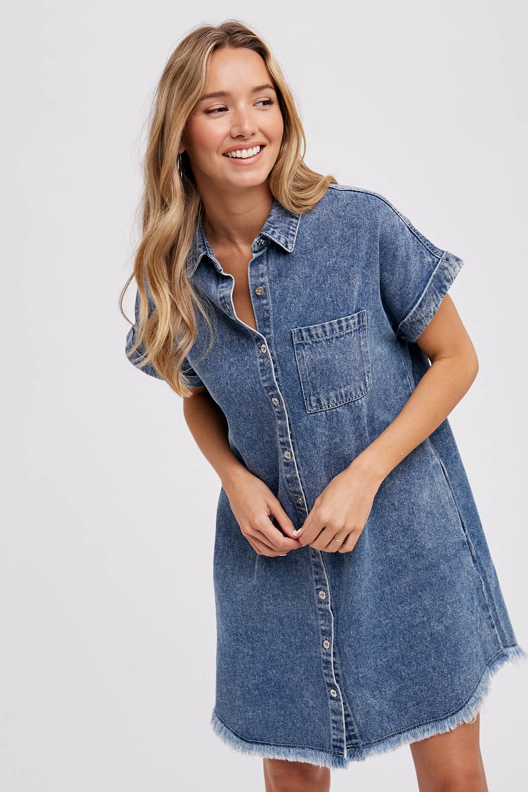 FRAYED HEM WASHED DENIM SHIRT DRESS