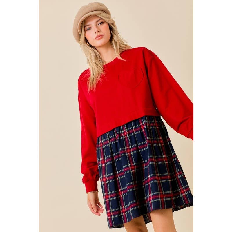 FRENCH TERRY PLAID MINI DRESS