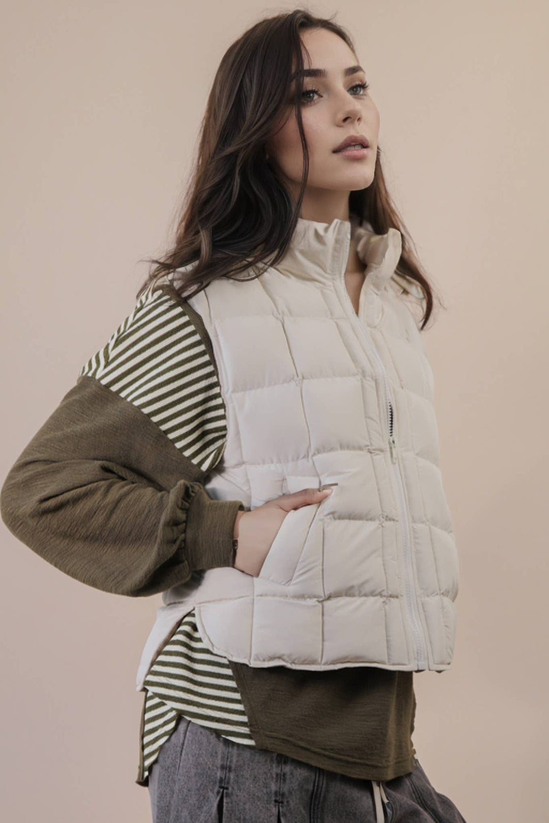 NJ90282-Solid & Leopard Puffer Padded Warm Vest