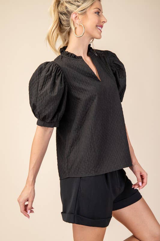 Ruffle V-Neck Puff Sleeve Top