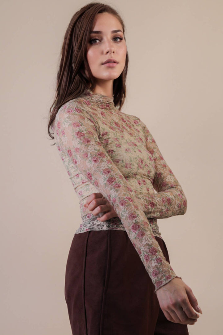 Very J Fitted Sheer Mesh Lace Top